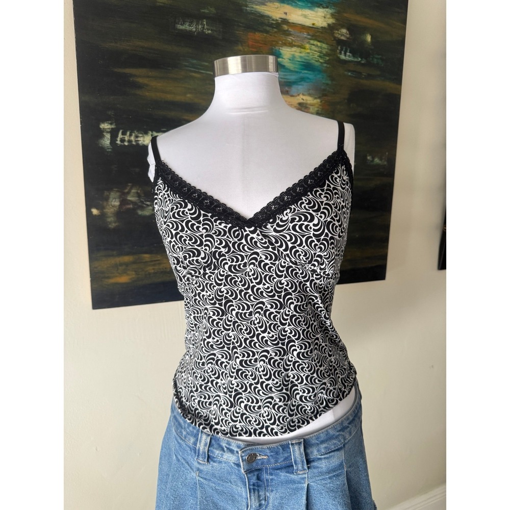 White House Black Market Camisole Large Black White Swirl Print Lace Trim